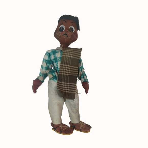 Vintage Handcrafted Mexican Folk Art Doll With Checkered Shirt & Sandals - Picture 1 of 5
